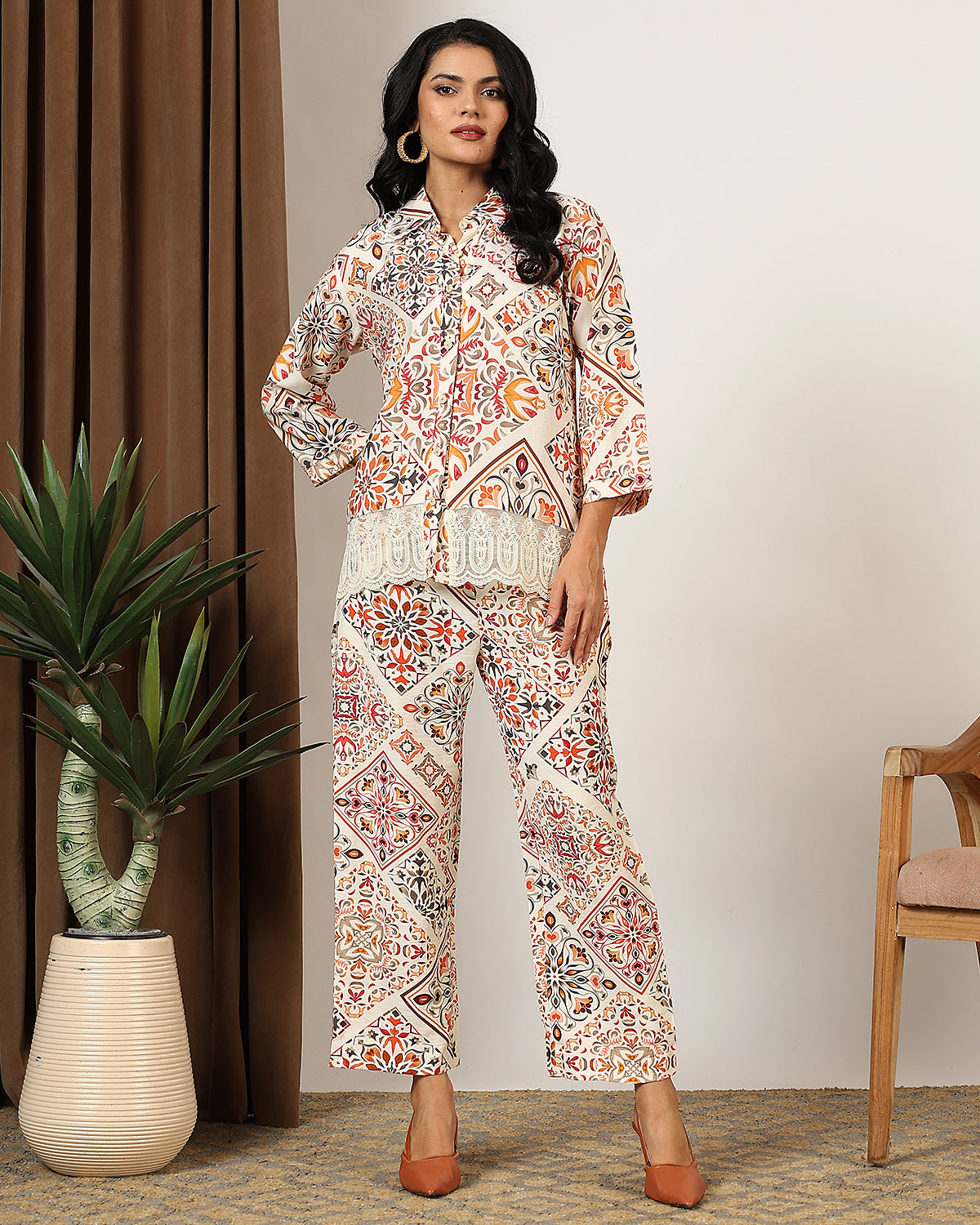 Floral lace orange cordset