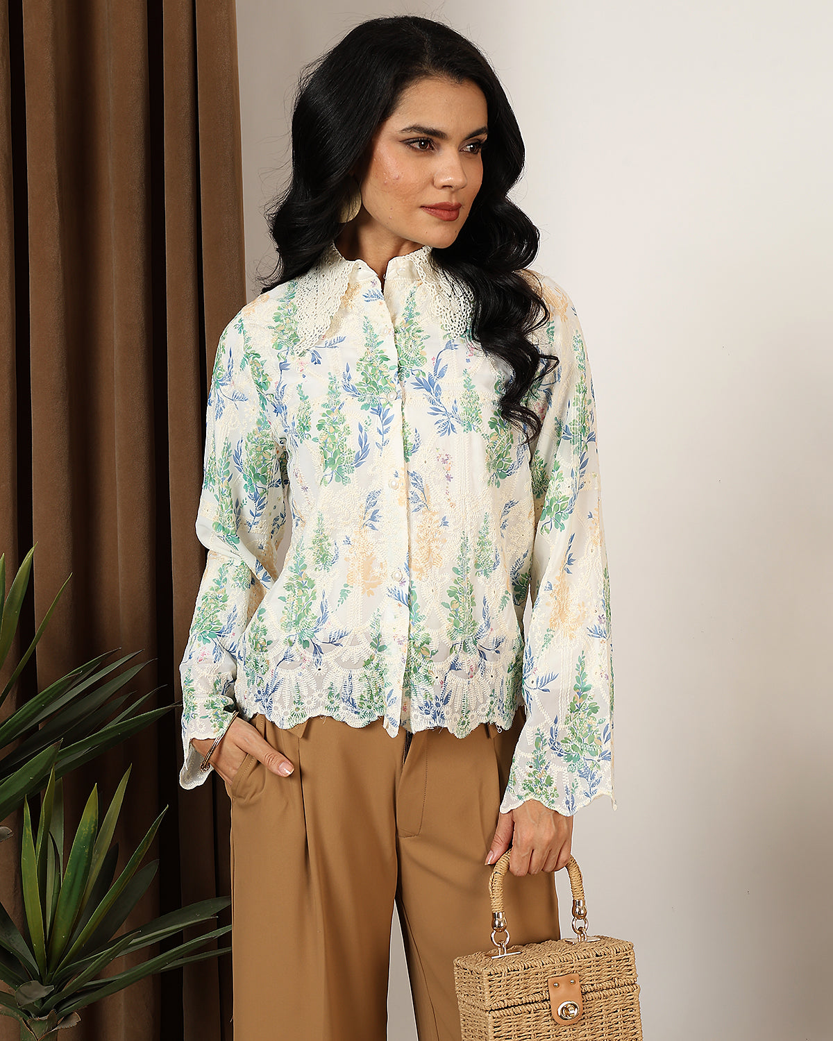 Floral print green shirt