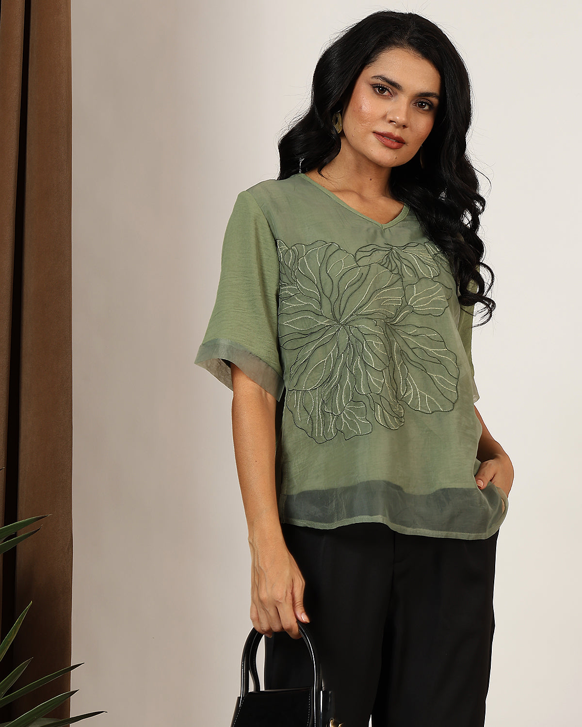 Net embroidered green top