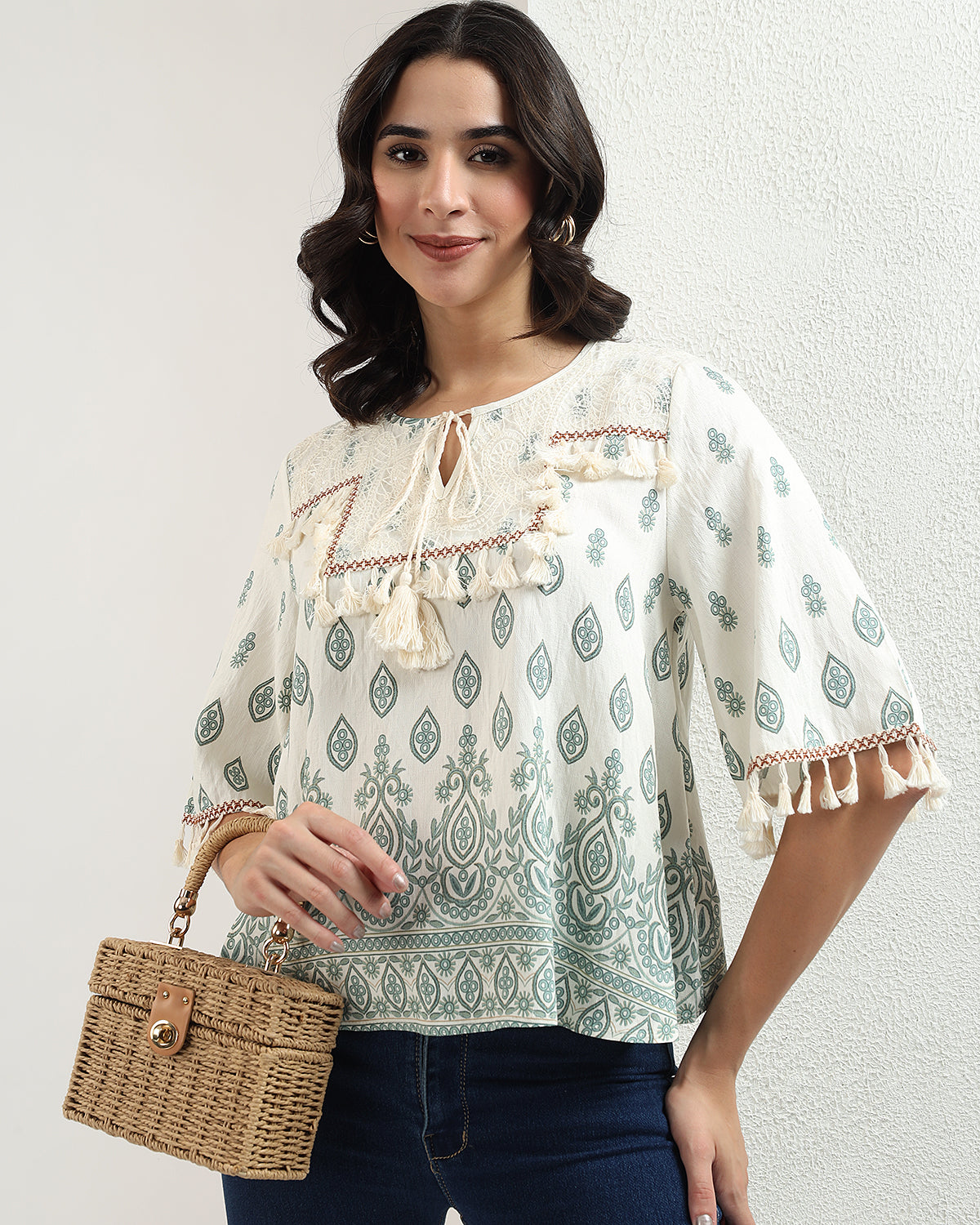 Printed peasant style green top