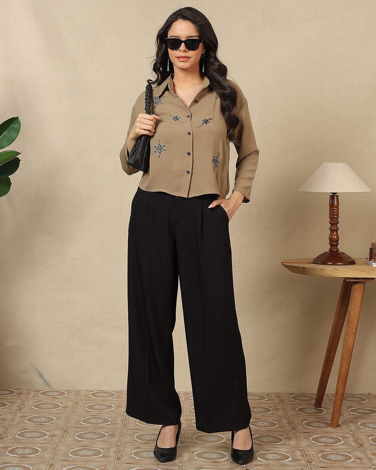 Solid embroided long sleeve collared shirt